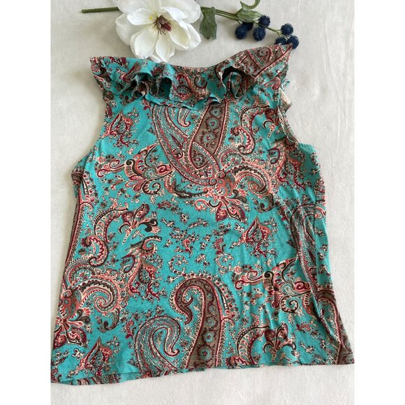 Lauren Ralph Lauren Womens Sleeveless Paisley Ruffle Top L/G Preppy100% Cotton - Picture 2 of 8